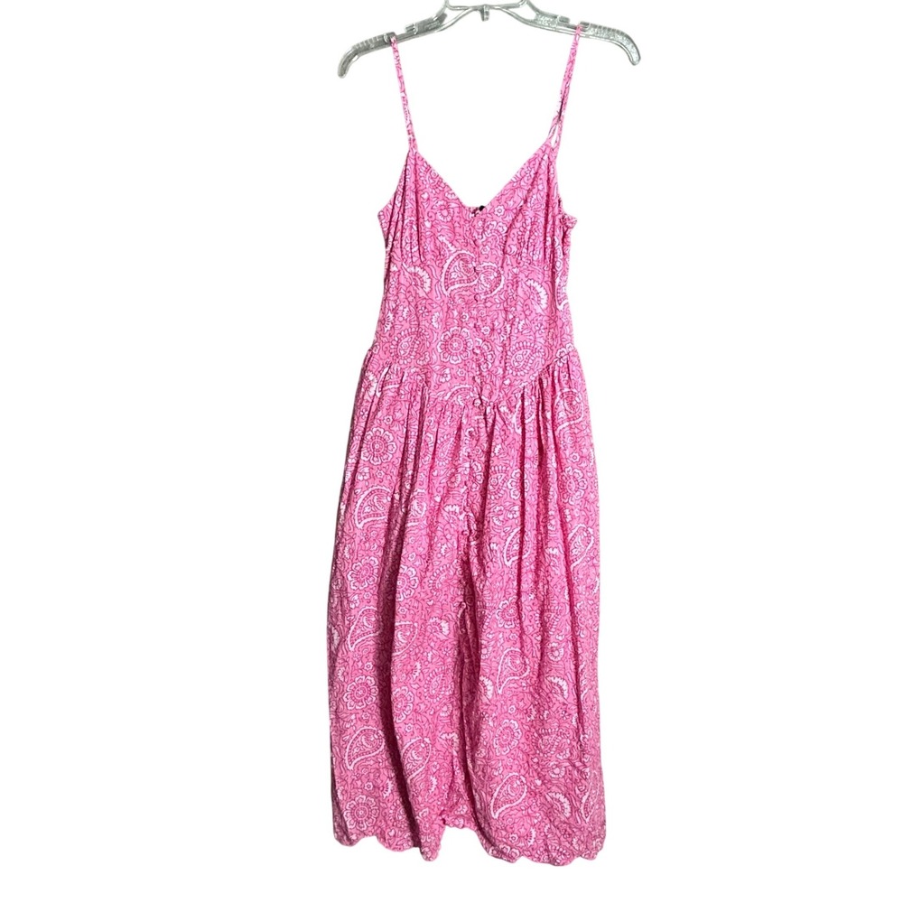 Roller Rabbit Pink Paisley Block Print Swiss Dot Maxi Dress XS Smocked Back